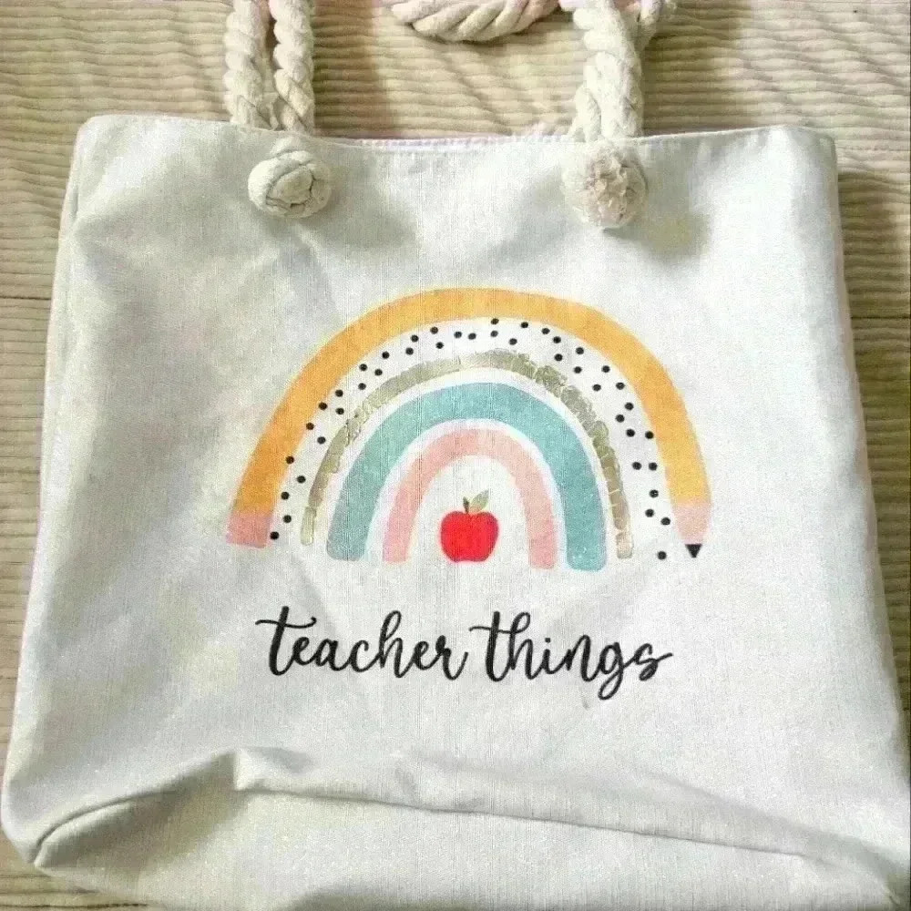 Claire's Teachers tote bag. Sparkly white w Rainbow. Rope handles.